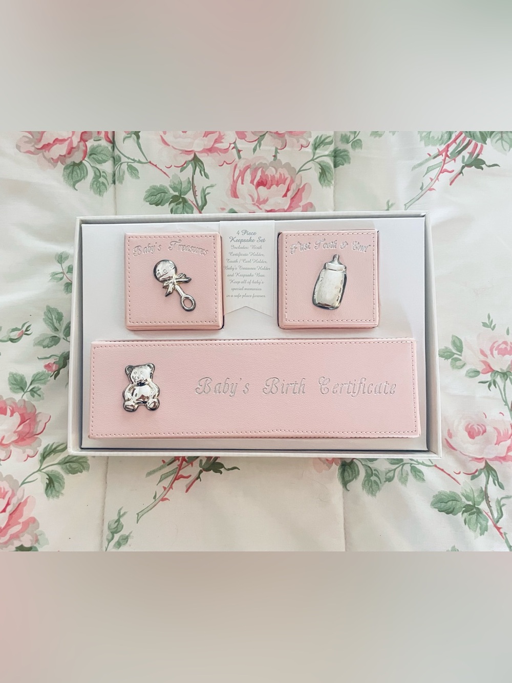 Vintage Baby's Treasures Birth Certificate Holder & Keepsake Set 3 Piece Pink